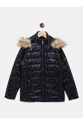 printed polyester detatchable hood girls jacket - black