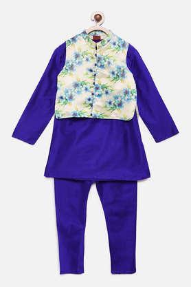 printed polyester full length boys kurta & pyjama with jacket - blue
