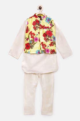 printed polyester full length boys kurta & pyjama with jacket - off white