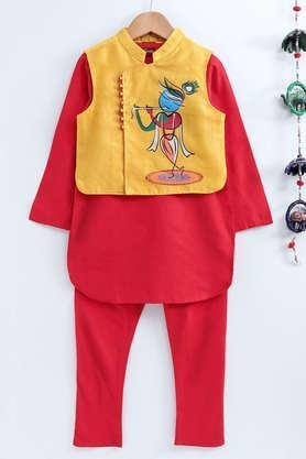 printed polyester full length boys kurta & pyjama with jacket - red