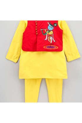 printed polyester full length boys kurta & pyjama with jacket - yellow