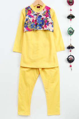 printed polyester full length boys kurta & pyjama with jacket - yellow