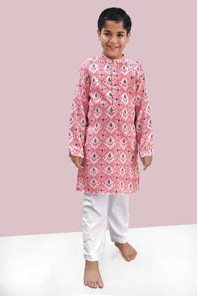 printed polyester full length boys kurta with pyjamas - pink