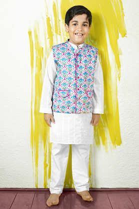 printed polyester full length boys kurta with pyjamas and printed nehru jacket - multi