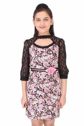printed polyester georgette round neck girls casual wear dresses - black