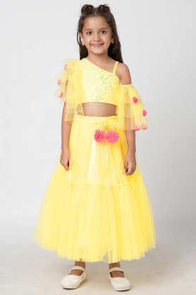 printed polyester girls choli with ghaghra set - yellow