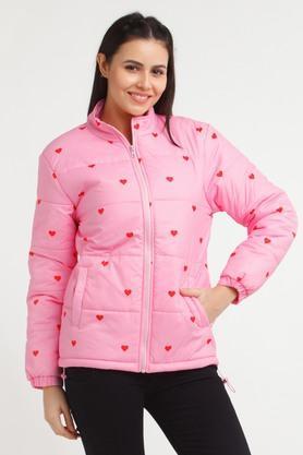 printed polyester high neck women's jacket - pink