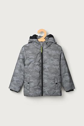 printed polyester hood boys jacket - grey