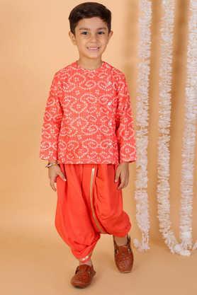 printed polyester mandarin boys dhoti kurta set - orange