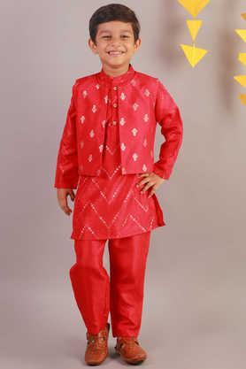 printed polyester mandarin boys kurta pyjama jacket set - red