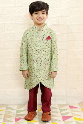 printed polyester mandarin boys kurta pyjama set - green