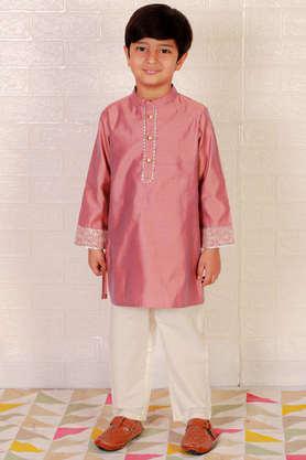 printed polyester mandarin boys kurta pyjama set - pink