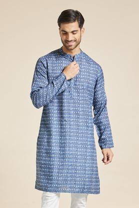 printed polyester mens casual wear kurta - navy