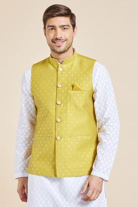 printed polyester mens festive wear jacket - yellow
