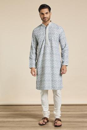 printed polyester mens festive wear kurta - grey