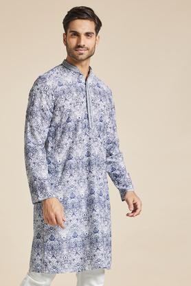 printed polyester mens festive wear kurta - navy