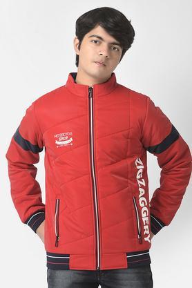 printed polyester mock neck boys jacket - red