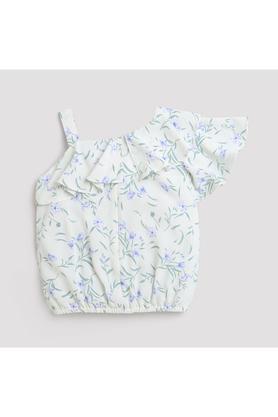 printed polyester one shoulder girls top - blue