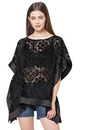 printed polyester pu coated round neck women's kaftan - black