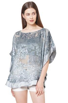 printed polyester pu coated round neck womens kaftan - grey