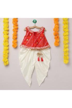 printed polyester regular fit girls kurta dhoti set - red