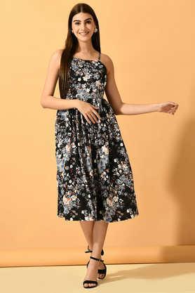 printed polyester regular fit women's ethnic dress - black