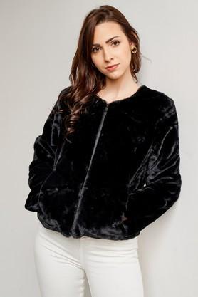printed polyester regular fit women's jacket - black