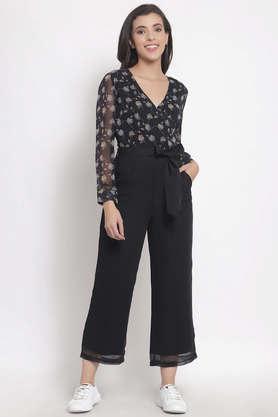 printed polyester regular fit women's jumpsuit - black