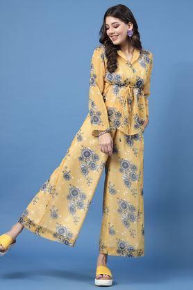 printed polyester regular fit women's palazzos - mustard