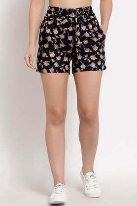 printed polyester regular fit women's shorts - black