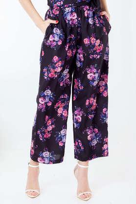 printed polyester regular fit women's trouser - black