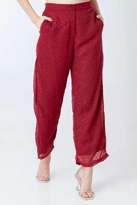 printed polyester regular fit women's trouser - maroon