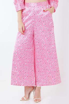 printed polyester regular fit women's trouser - pink