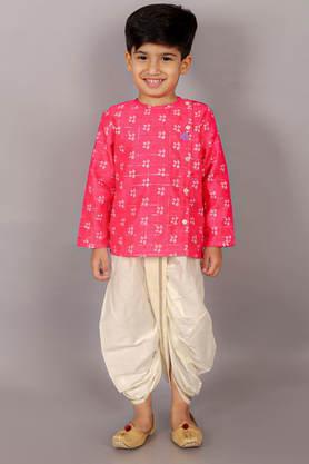 printed polyester round neck boy's festive wear dhoti kurta set - pink
