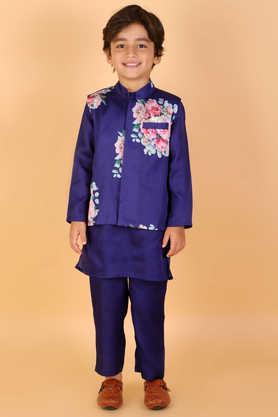 printed polyester round neck boys kurta pyjama jacket set - blue