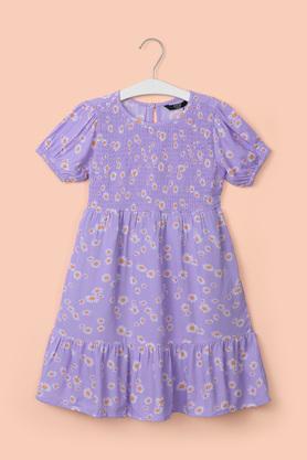 printed polyester round neck girl's casual wear dress - lavender