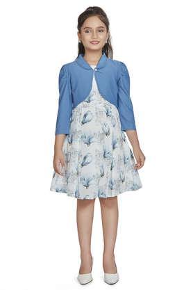 printed polyester round neck girl's party wear dress - blue
