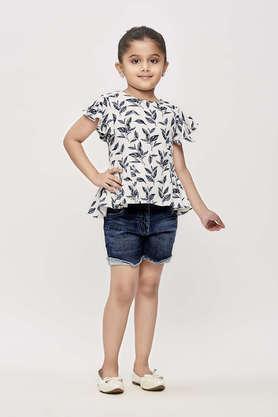 printed polyester round neck girl's top - navy