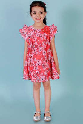 printed polyester round neck girls casual dress - red