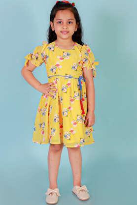 printed polyester round neck girls casual dress - yellow