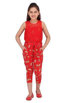 printed polyester round neck girls casual jumpsuit - red