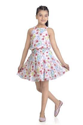printed polyester round neck girls casual wear dress - pink