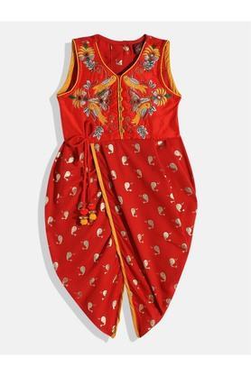 printed polyester round neck girls full length jumpsuit - red