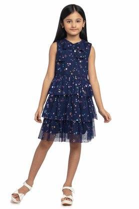 printed polyester round neck girls fusion wear dresses - navy