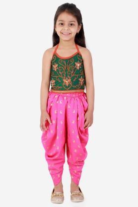 printed polyester round neck girls kurta dhoti set - green