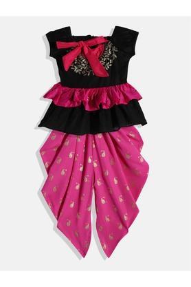printed polyester round neck girls kurta dhoti set - pink
