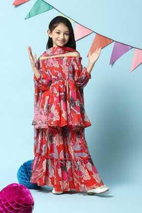 printed polyester round neck girls kurta garara dupatta set - red