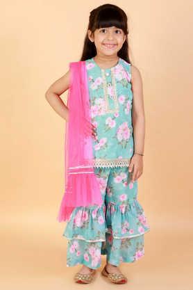 printed polyester round neck girls kurta sharara & dupatta set - blue