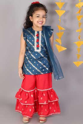 printed polyester round neck girls kurta sharara & dupatta set - red