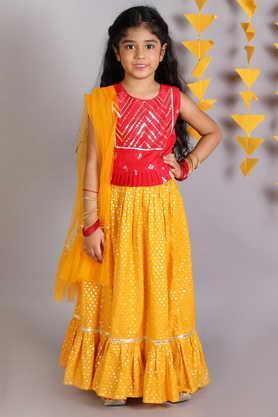 printed polyester round neck girls lehenga choli set - red